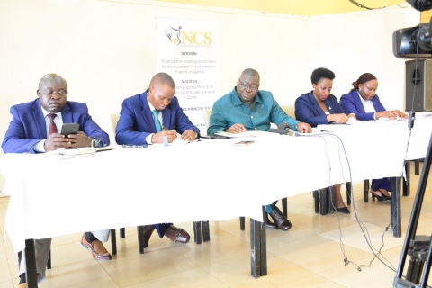 The General Secretary National Council of Sports accompanied by the Assistant General Secretaries Administration and Technical, the Legal and Licensing Officers of NCS during the press release